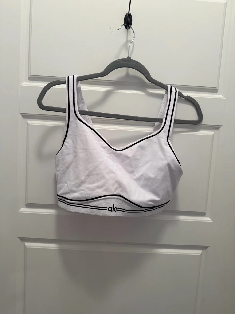 Alo White Airbrush Hot Throb Sports Bra with Black Trim